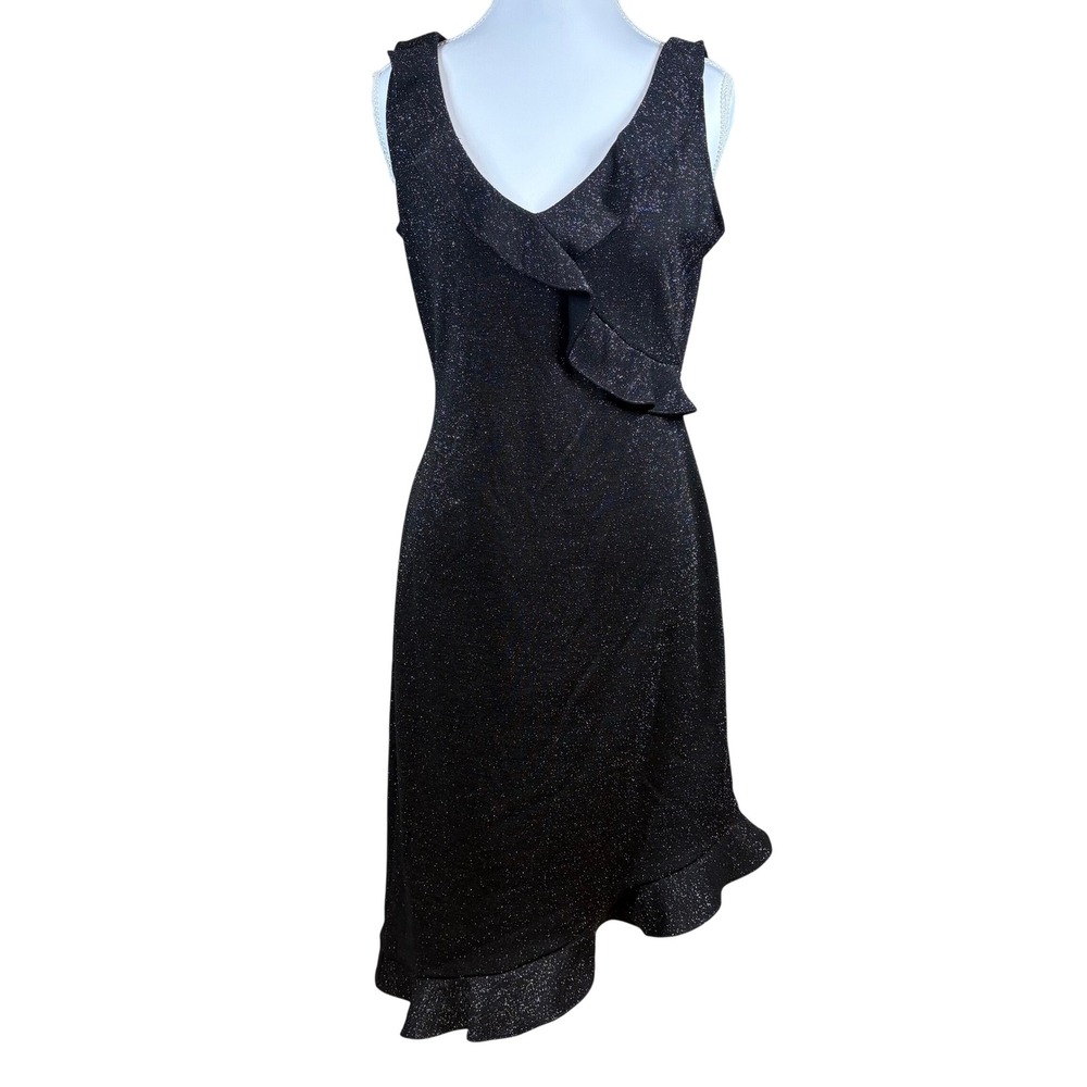 Vtg Breakin'Loose Dress 9/10 Black Silver Metallic Asymmetric Hem Ruffle‎ Fairy